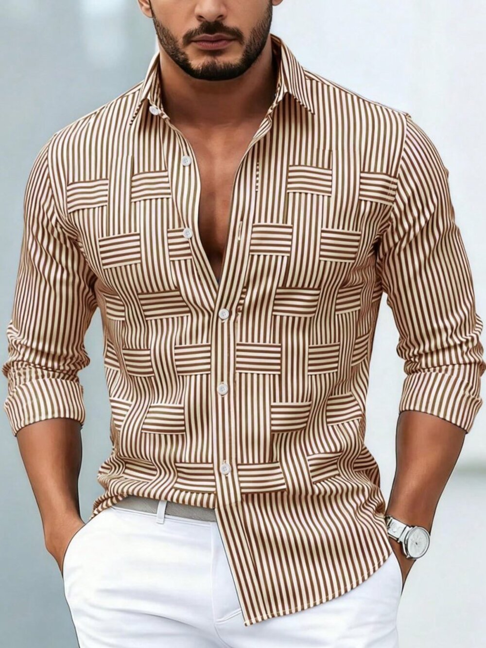 Khaki Casual Men's Striped Geometric Patchwork Long Sleeve Shirt
